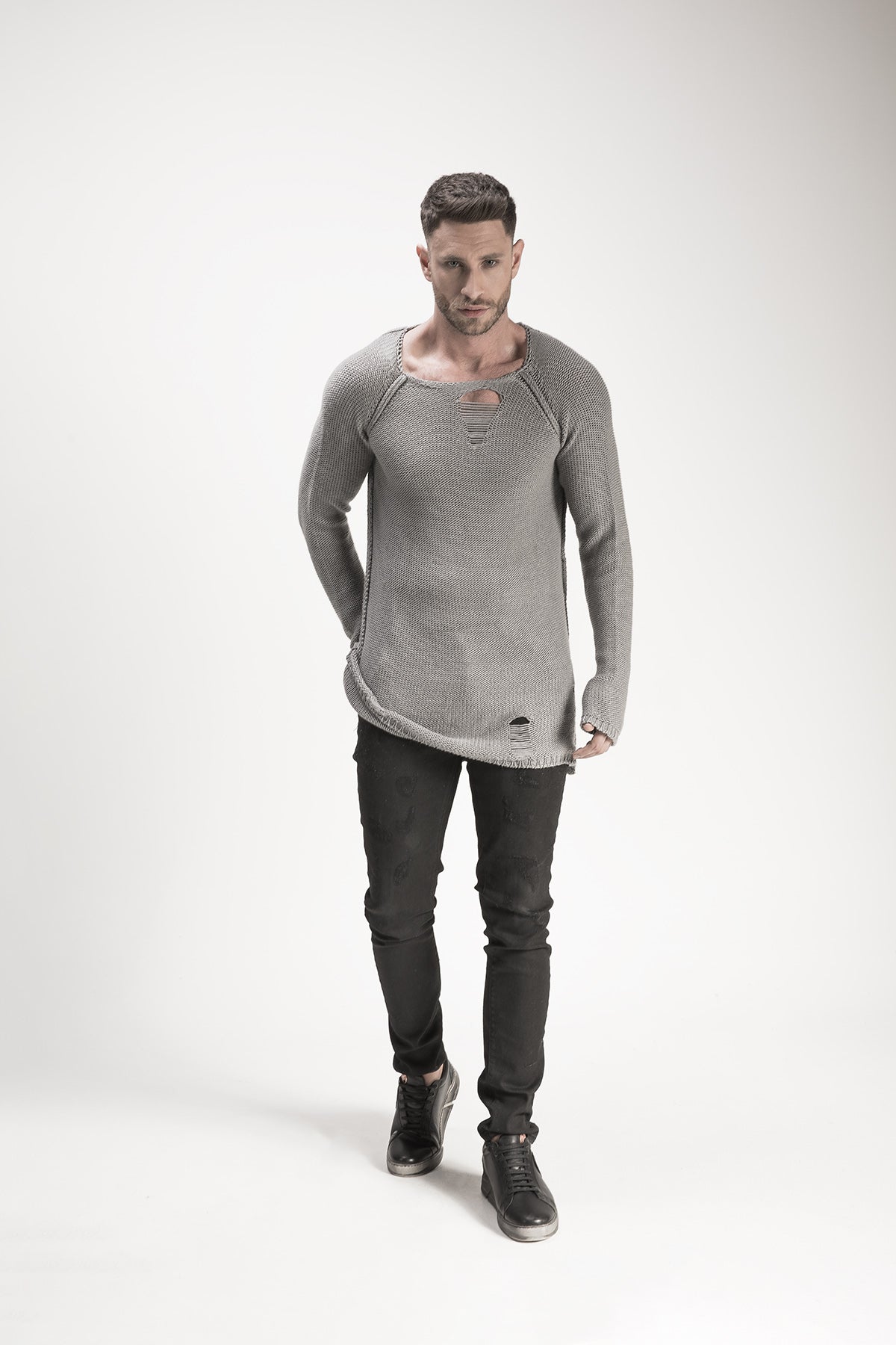 Grey Destroyed Look Sweater